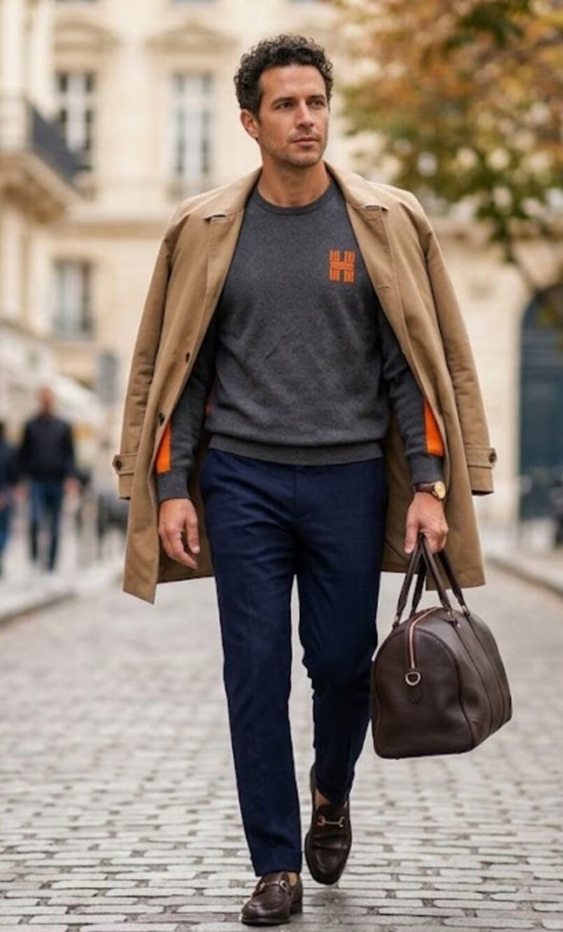 Hermes Paris Men’s XL Gray Cotton Sweater Orange H Accent Crewneck Luxury